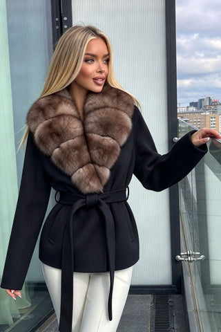 Plush Faux Fur Collar Belted Long-Sleeve Jacket