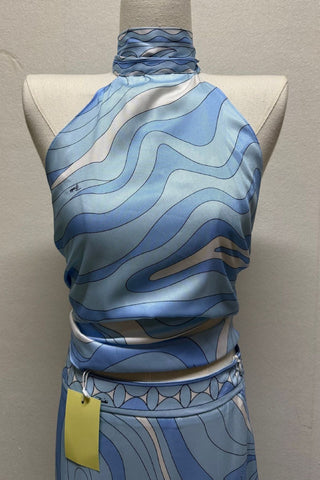Printed Halter Crop Top & Asymmetric Long Skirt Set with Matching Scarf