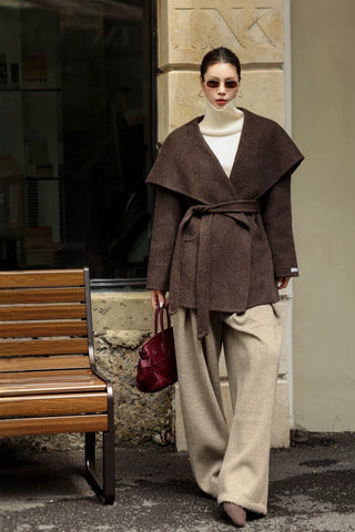 Wool Blend Oversized Shawl Collar Belted Coat