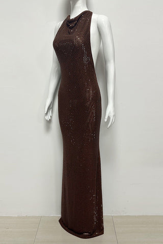 Embellished Cowl Neck Open Back Long Dress