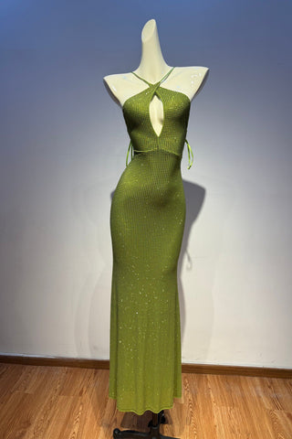 Sparkly Halter Long Dress with Open Back, Bodycon Fit & Rhinestone Details