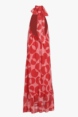 Sleeveless Halter Neck Open-Back Printed Chiffon Long Dress with Ruffle Hem