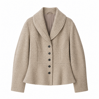 Herringbone Wool-Look Long Sleeve Peplum Jacket with Shawl Collar