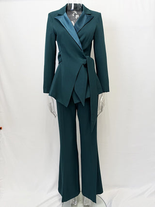 Asymmetric Wrap Belted Blazer & Wide Leg Pants Set