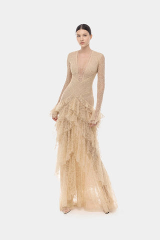 Tiered Lace Ruffle Long Dress with Flared Sleeves