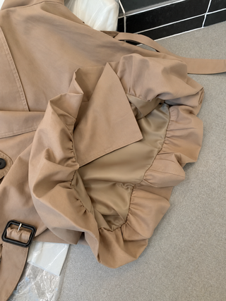 Double-Breasted Belted Short Trench Jacket with Balloon Hem