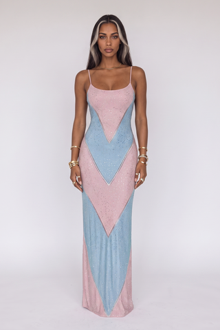 Rhinestone Embellished Colorblock Long Dress with Thin Straps