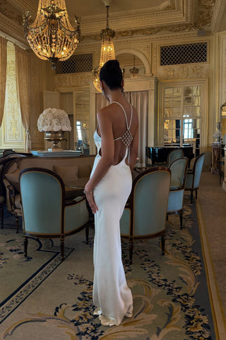 Satin Halter Long Dress with Crystal Open Back Detail