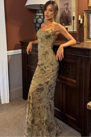 Floral Sequin Corset Long Dress – Spaghetti Strap Fitted Dress