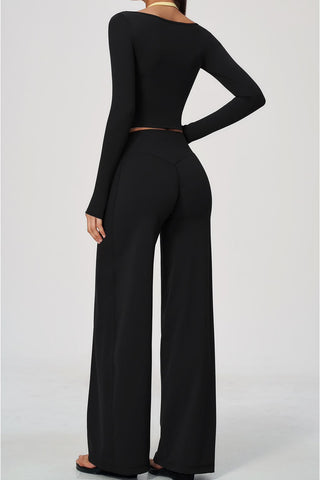 Scoop Neck Long Sleeve Top & Wide-Leg Pants Set