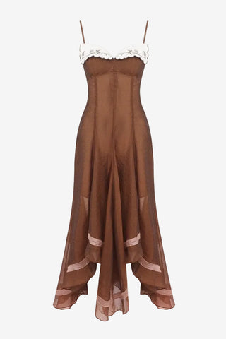 Spaghetti Strap Corset Organza Asymmetric Long Dress with Embroidered Collar Detail