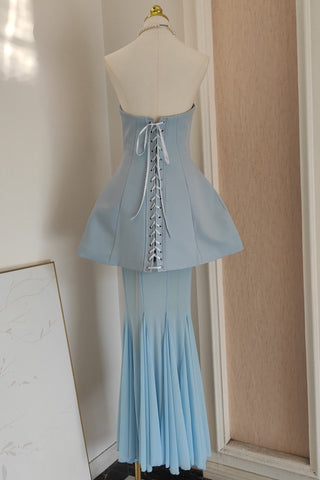 Strapless Crepe Peplum Corset Long Dress with Flowy Mesh Skirt