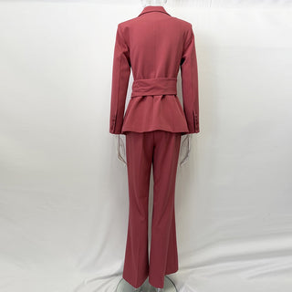 Asymmetric Wrap Belted Blazer & Wide Leg Pants Set