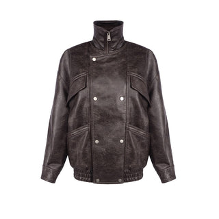 Classic Aviator Leather Jacket with High Neck, Utility Pockets, and Structured Fit