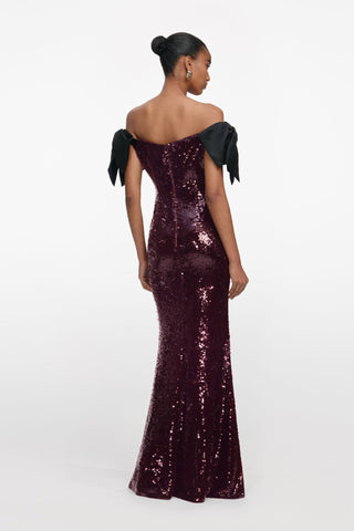 Sequin Bow Off-Shoulder Long Dress – Fitted Evening Gown