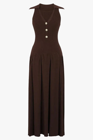 Ribbed Knit Sleeveless Collared V-Neck Long Dress with Gold Buttons & Flared Skirt