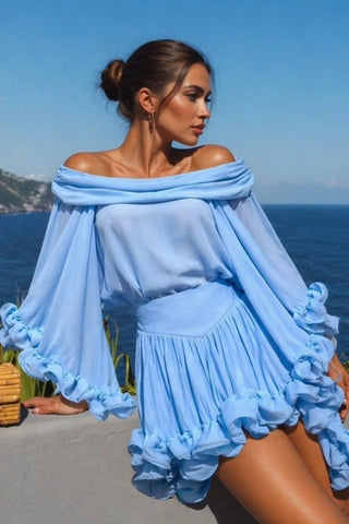 Off-Shoulder Flowing Chiffon Mini Set with Soft Ruffle Details