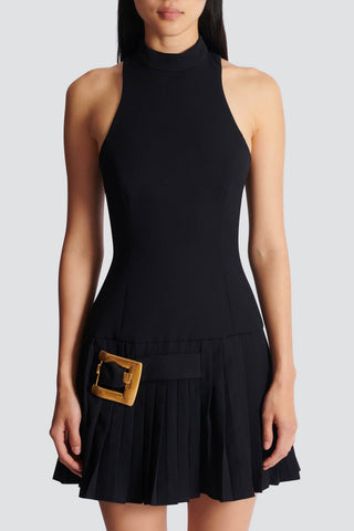 Chic High Neck Sleeveless Mini Dress with Pleated Skirt and Statement Belt Detail