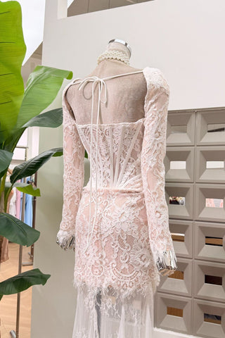 Lace Corset Long Dress – Draped Long Sleeve Gown