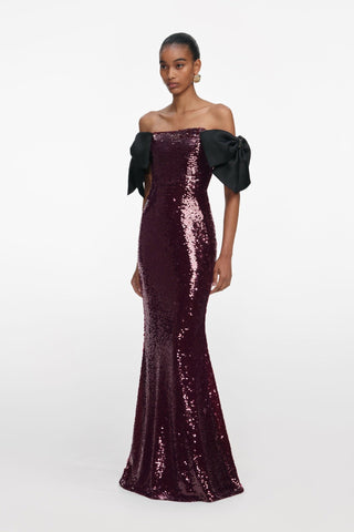 Sequin Bow Off-Shoulder Long Dress – Fitted Evening Gown