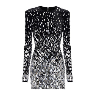 Long Sleeve Beaded Sequin Velvet Mini Dress