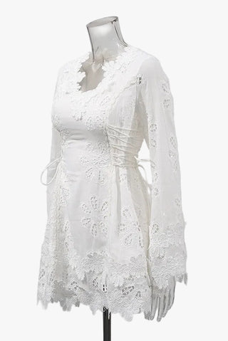 Lace Long Sleeve Mini Dress – V-Neck with Floral Detail & Adjustable Side Fit