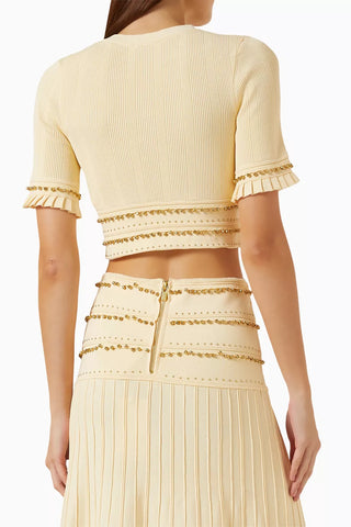 Gold Beaded Short Sleeve Cardigan & Pleated Long Skirt Set