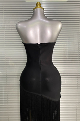 Strapless Floral Appliqué Fringe Long Dress with Bodycon Silhouette