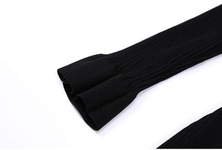 Ribbed Knit Long Dress with Pearl Trim Details & Long Sleeves