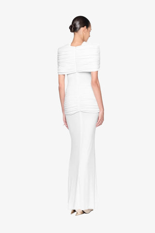 Ruched Cape Sleeve Metal Detail Fitted Long Dress