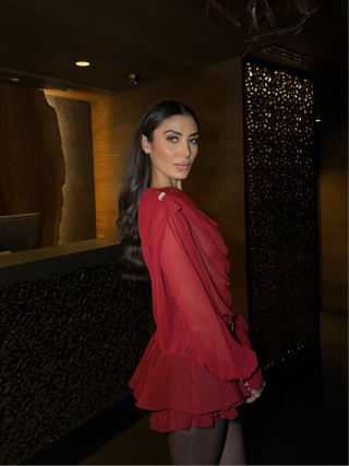 Elegant Long-Sleeve Oblique Shoulder Sheer Top and Skort Set