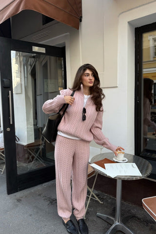 Cable Knit Zip-Up Cardigan and Jogger Pants Set