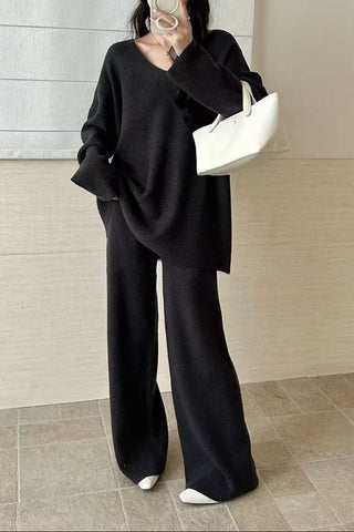 Comfy Relaxed V-Neck Knit Top & Wide-Leg Pants Set