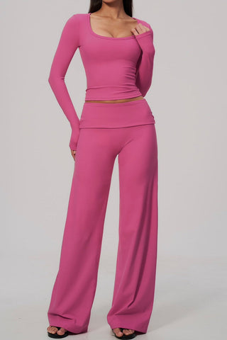 Scoop Neck Long Sleeve Top & Foldover Wide-Leg Pants Set