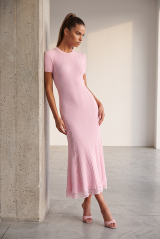 Ribbed Knit Round Neck Short Sleeve Long Dress with Lace Panels & Ruffle Hem