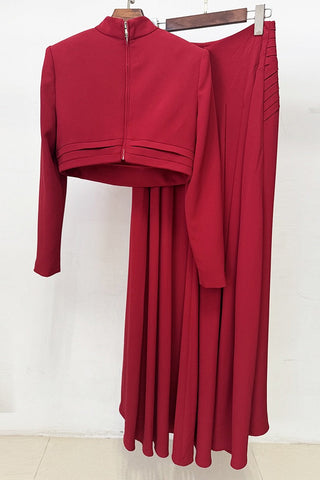 Mock Neck Long Sleeve Crop Top & Pleated long Skirt Set
