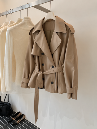 Double-Breasted Belted Short Trench Jacket with Balloon Hem