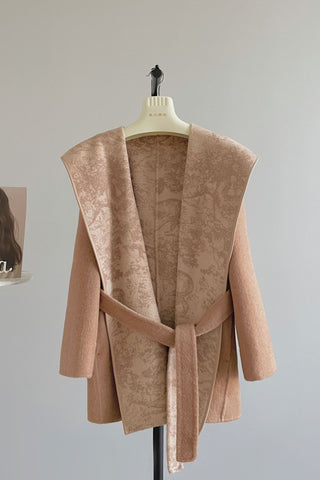 Wool-Feel Belted Long Sleeve Short Coat with Printed Shawl Collar