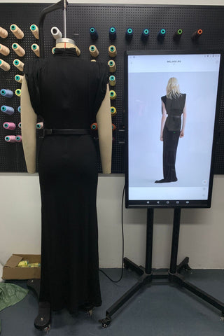 High-Neck Draped Shoulder Long Dress with Belt