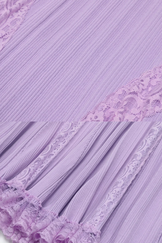 Ribbed Knit Round Neck Short Sleeve Long Dress with Lace Panels & Ruffle Hem