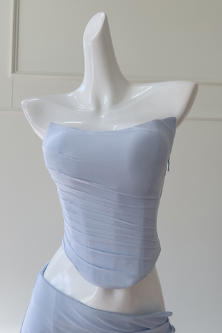 Light Blue Mesh Ruched  Set – Strapless Bustier Top & Fishtail Maxi Skirt with Sheer Scarf