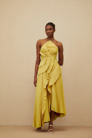 Halter Neck Pleated Ruffle Long Dress