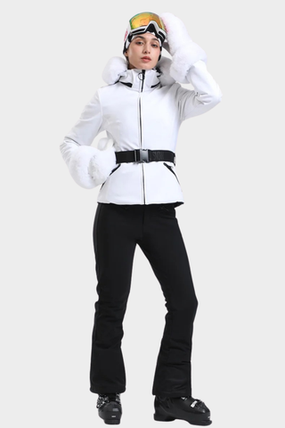 Tailored Ski Jacket with Belted Waist, Fur Details, and Long-Sleeve Design