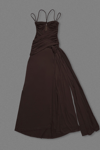 Mocha Draped Sleeveless Backless Long  with Double Straps & Thigh-High Slit