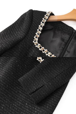 Long Sleeve Tweed Mini Dress with Pearl-Trimmed Square Neck and Pocket Details