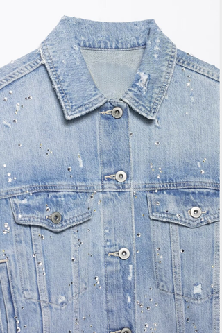 Rhinestone Detail Cropped Denim Jacket