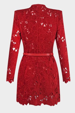 Red Lace Mini Dress – Long Sleeve Floral Embroidery, Scalloped Hem, Belted Waist