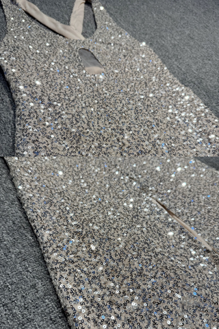 Luxury Silver Sequin Long Dress with Keyhole Front and Cross-Back Detail