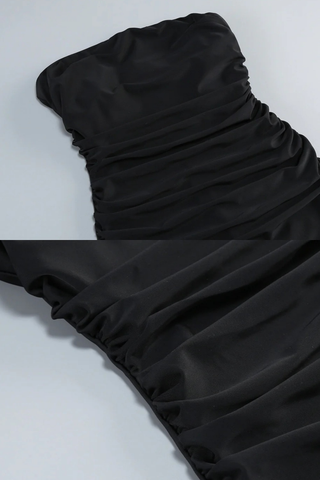 Strapless Ruched Slim Fit Long Dress with Mesh Scarf and Back Slit