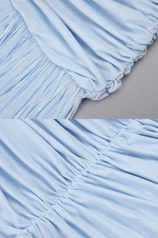 Sleeveless Ruched Mesh Long Dress with Fringed Hem and Crisscross Draping